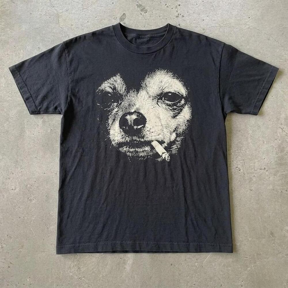 Black Graphic Tee With Dog Smoking